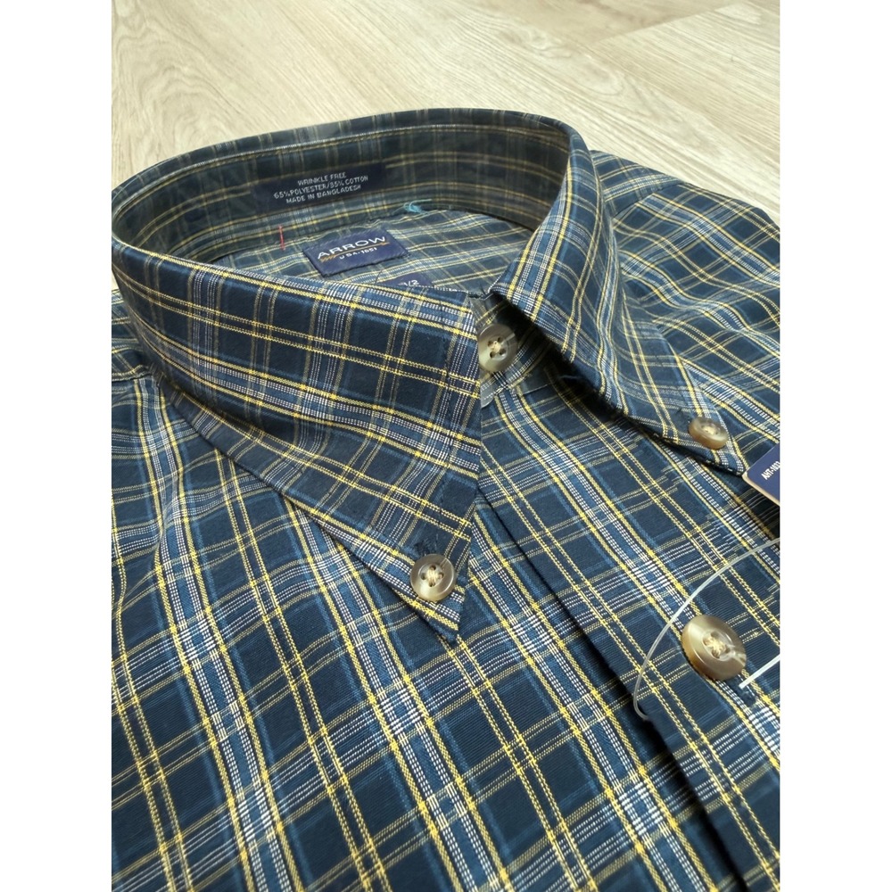 Arrow USA 1851 Mens Large Tall Plaid Button Down Shirt Wrinkle Free Navy Yellow - Picture 5 of 8